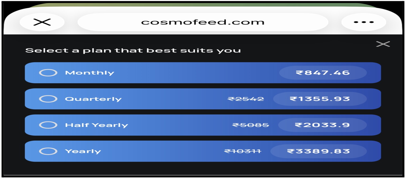 Kirti Saraf Cosmofeed Subscription Pricing Plans