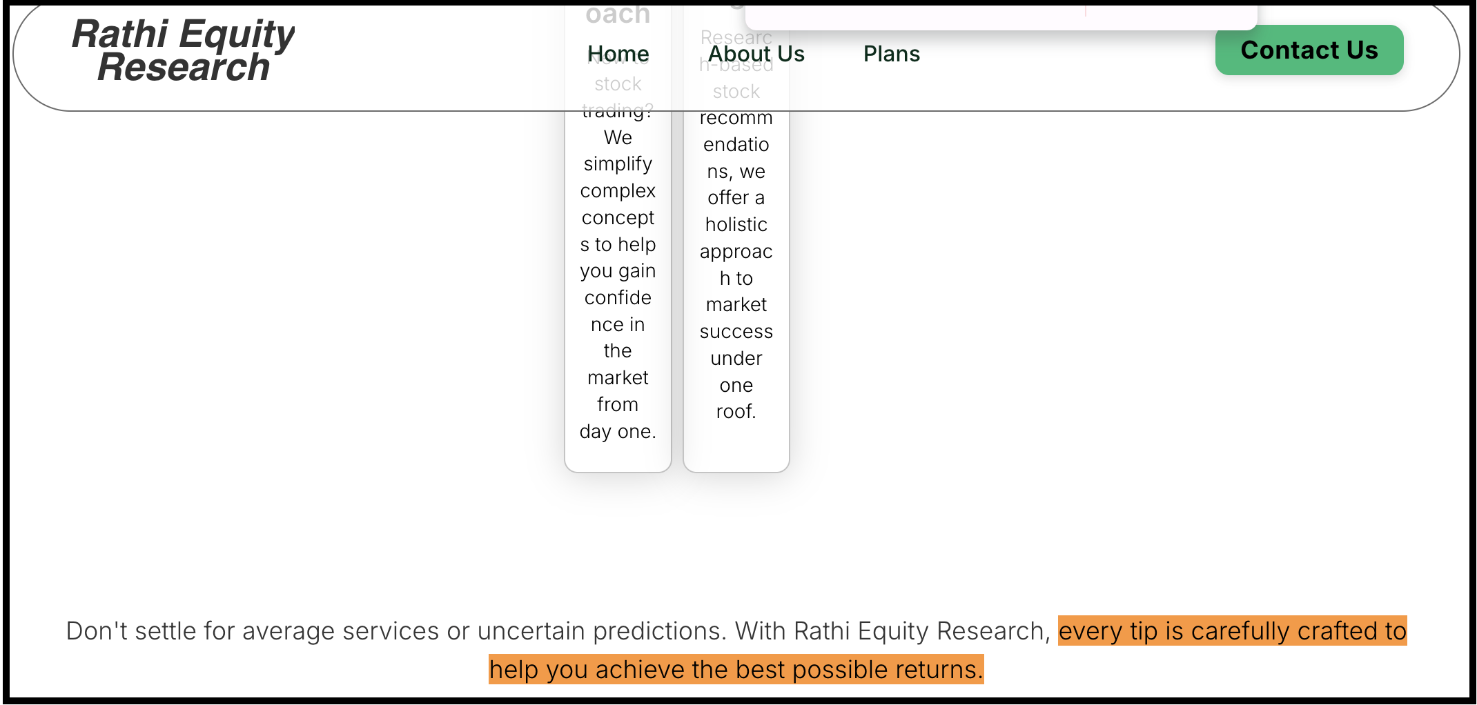 Rathi Equity Research homepage marketing claims highlighting promised returns.