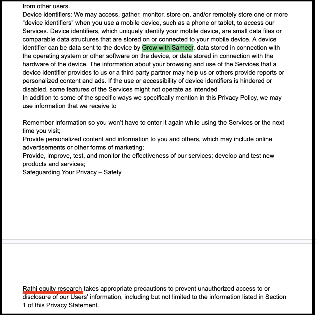 Rathi Equity Research privacy policy carrying an unedited reference to another brand (Grow with Sameer).