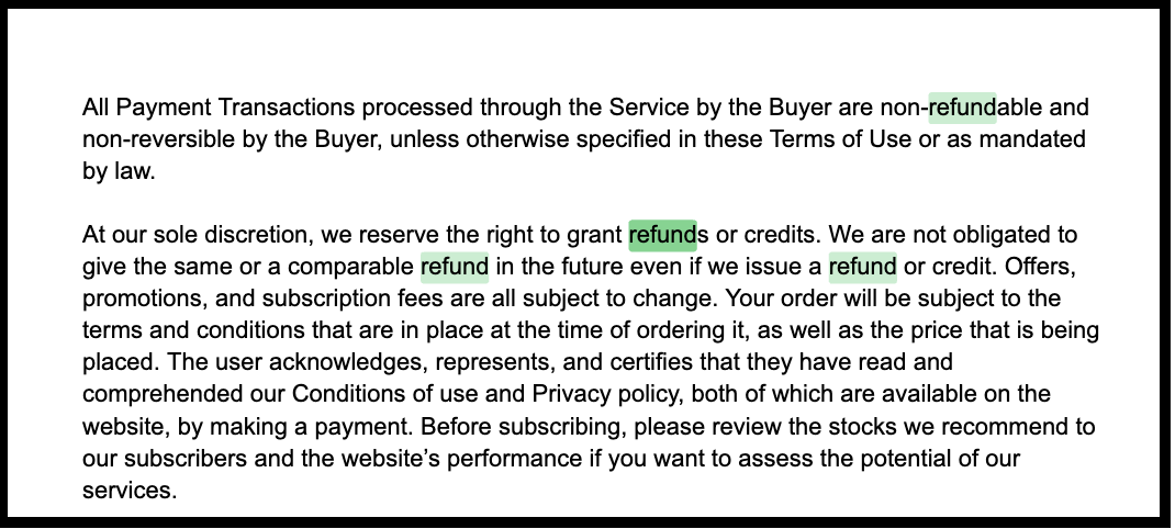 terms of service showing non-refundable payment policy alongside discretionary refund terms.