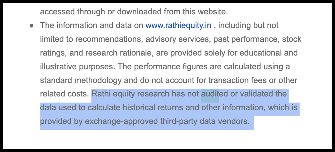 Rathi Equity Research disclaimer stating the firm has not audited or validated historical return figures.