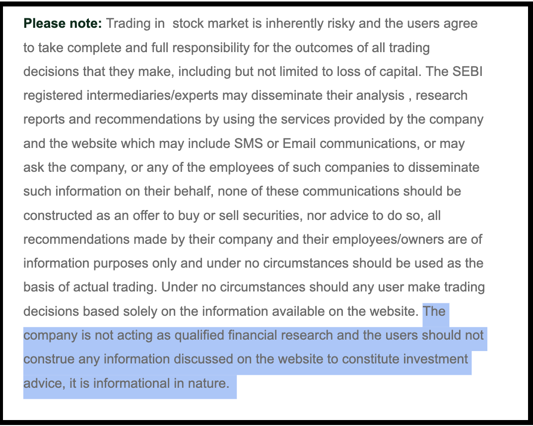 Advertisement disclaimer stating the company is not acting as qualified financial research.