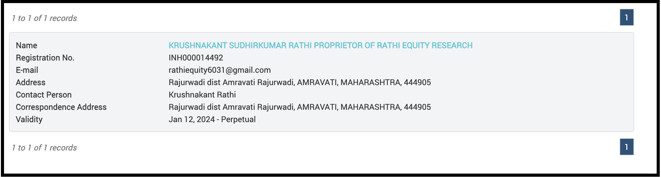 SEBI Research Analyst registration details for Krushnakant Sudhirkumar Rathi, proprietor of Rathi Equity Research
