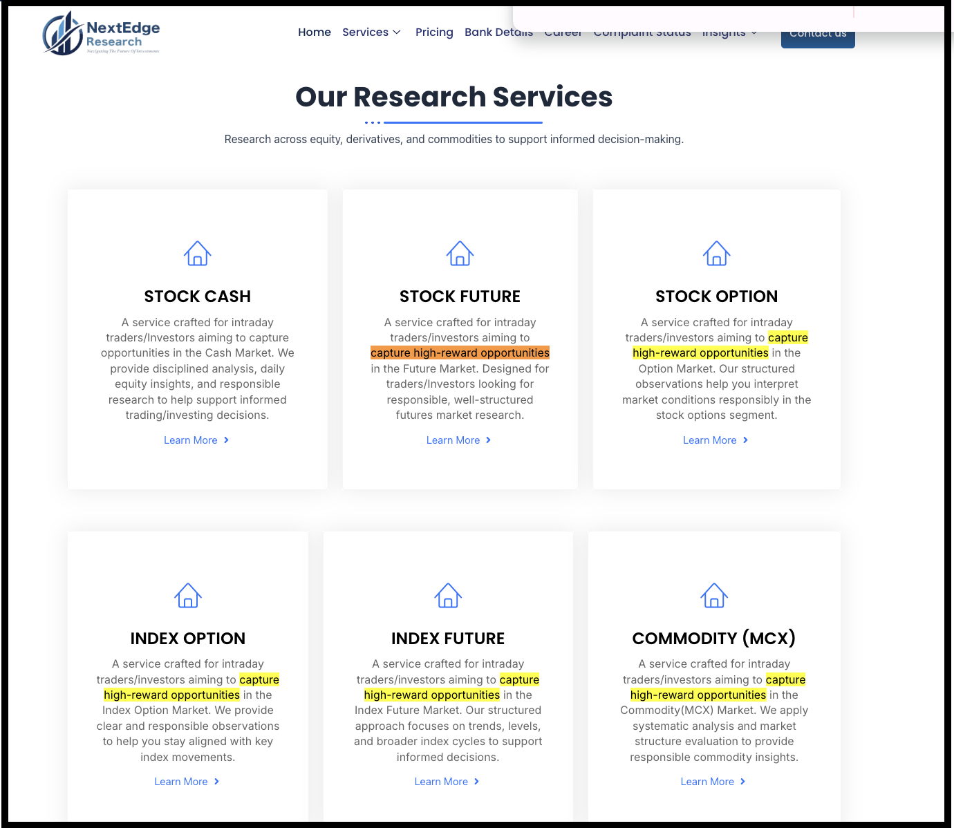 NextEdge Research Services section with repeated promotional language 