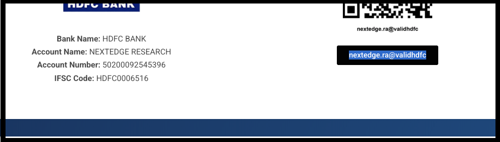 NextEdge Research bank details page showing direct account transfer information & UPI ID.