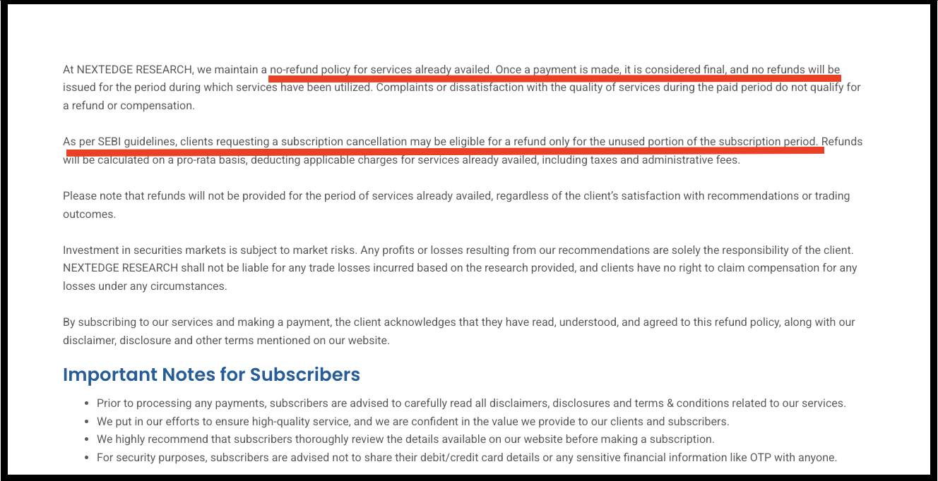 NextEdge Research Refund Policy page displaying conflicting statements