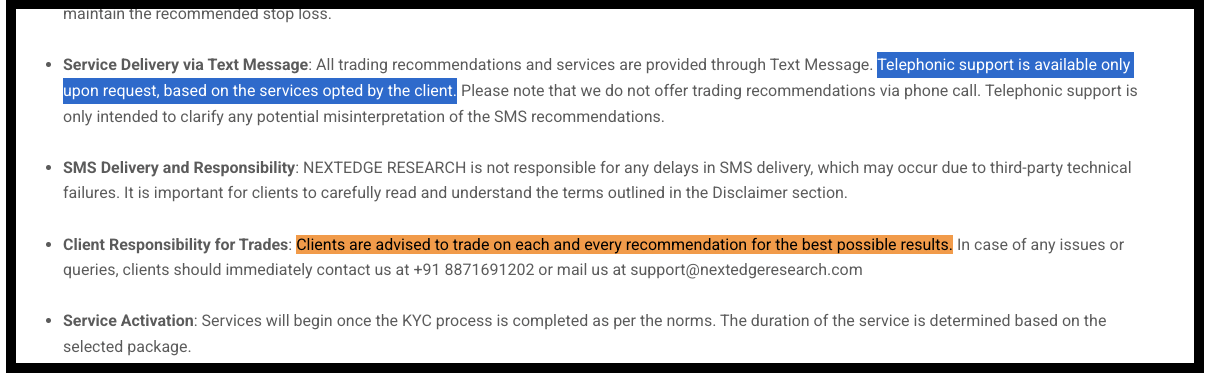 NextEdge Research Terms and Conditions section with highlighted clauses