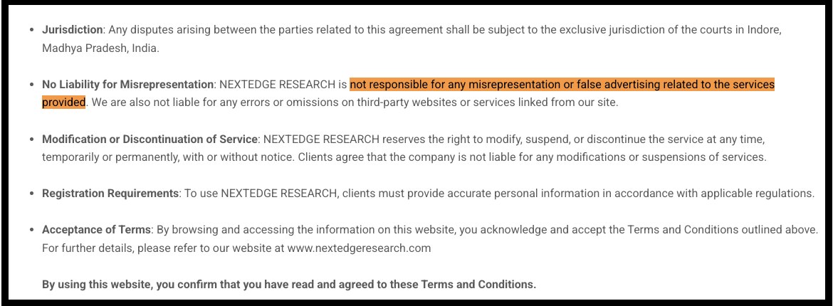 NextEdge Research Terms and Conditions highlighting clauses on liability disclaimers and misrepresentation.