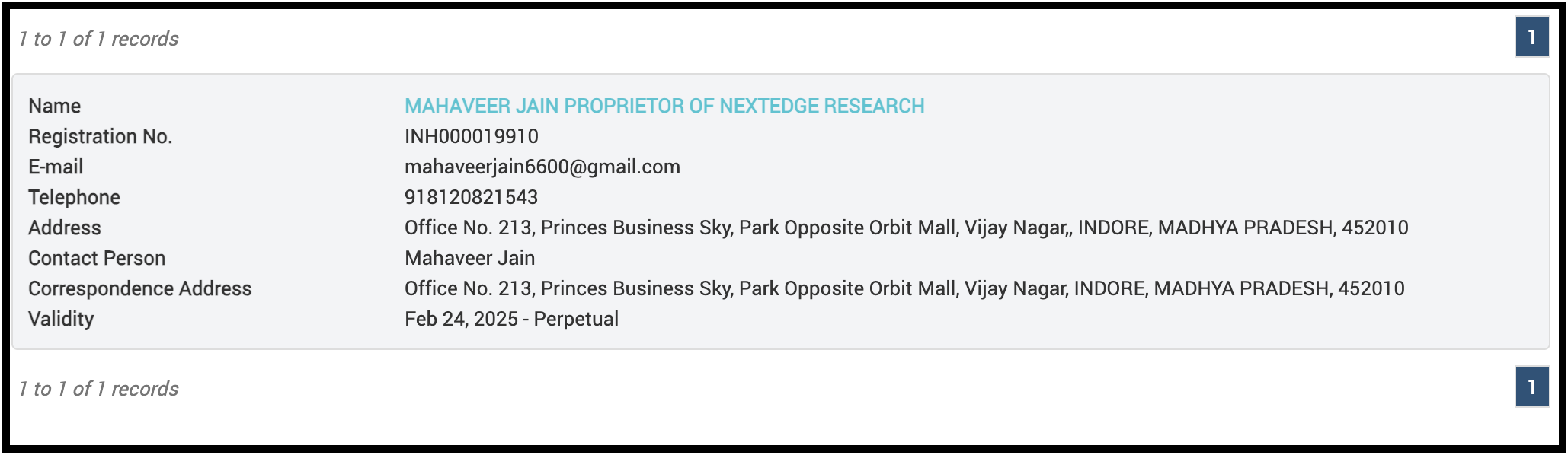 SEBI registration details for Mahaveer Jain, proprietor of NextEdge Research
