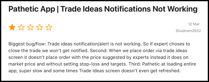 User review by Shubham2652 on StockGro trade ideas notifications failing to alert users when trades are closed.