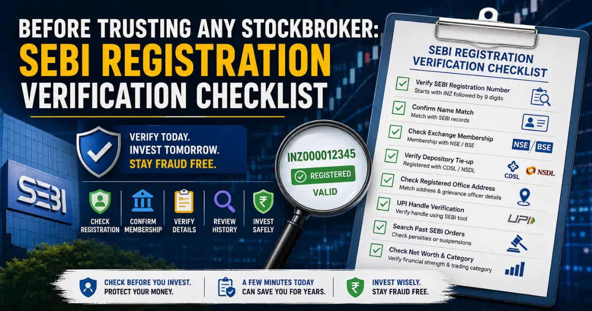 SEBI registration verification checklist showing important steps investors should follow before trusting a stockbroker in India.