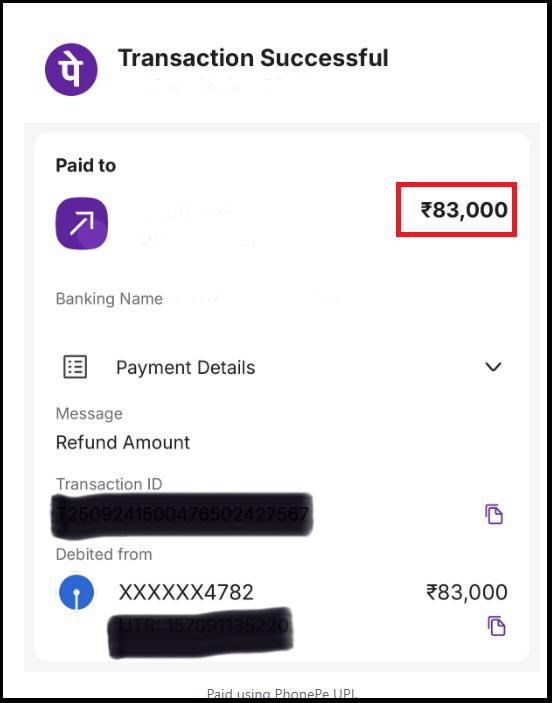 Screenshot of transaction details showing a recovered amount of ₹83,000 in a cyber crime recovery case
