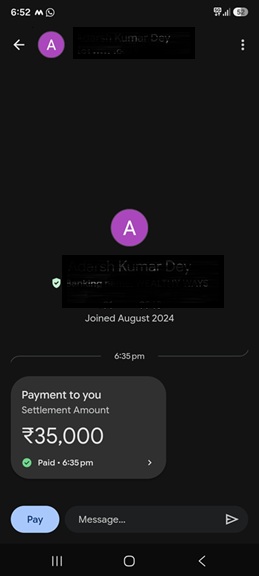 Transaction screenshot showing a payment of ₹15,000 made by Priya as part of the research analyst advisory fee.
