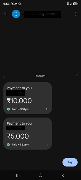 Mobile transaction screenshot showing a payment of ₹10,000