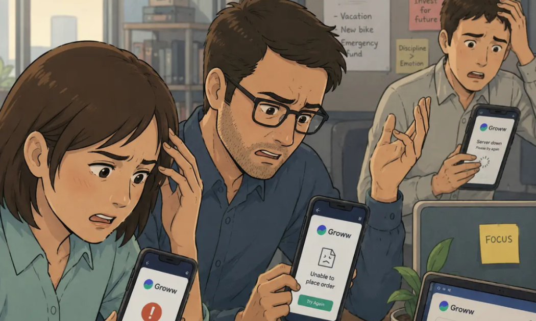 Illustration showing a Groww app user facing the data fetching minions error screen on mobile