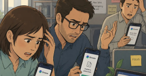 Illustration showing a Groww app user facing the data fetching minions error screen on mobile