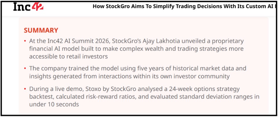 Inc42 coverage of Stoxo's AI backtest demo