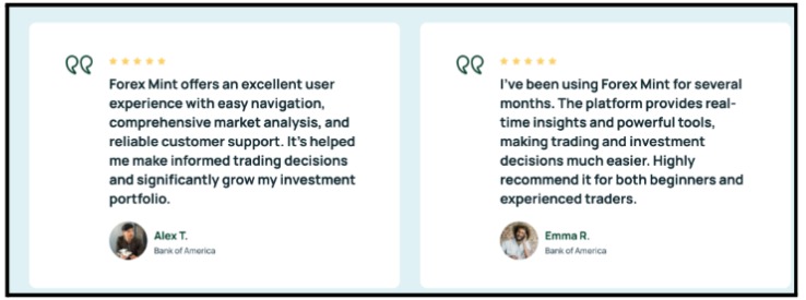 Web page testimonial section displaying identical employer details listed as Bank of America for reviewers Alex T and Emma R.