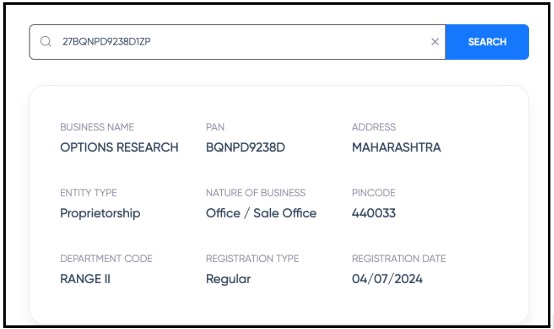 GST portal search result for GSTIN 27BQNPD9238D1ZP showing the registered legal name as Options Research.