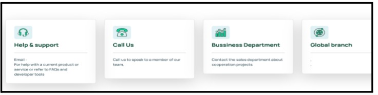 Four feature cards displaying Forex Mint contact options including FAQ and Support, Call Us, Business Department, and Ticket Support.