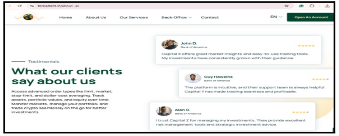 Web page screenshot snippet showing review sections that misidentify the platform by referencing Capital X, Capital Y, and Capital Z instead of Forex Mint.
