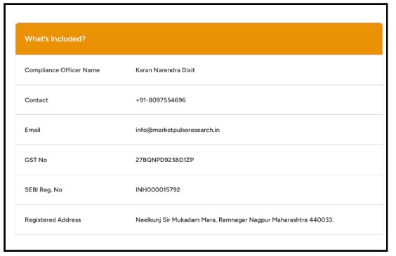 MarketPulse website screenshot showing business details, including GSTIN 27BQNPD9238D1ZP and SEBI Registration INH000015792.