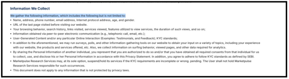 MarketPulse Research Services privacy policy excerpt detailing user data collection, including contact information and KYC data.