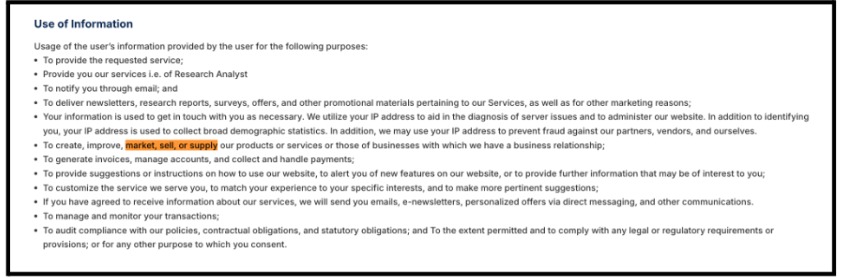 MarketPulse privacy policy text showing clauses permitting data sharing with third parties and marketing partners.