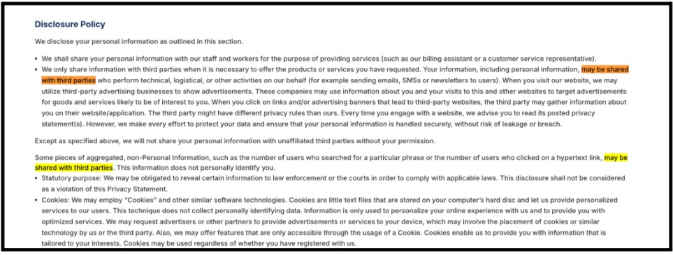 MarketPulse privacy policy clause explaining the use of cookies and third-party ad tracking mechanisms.