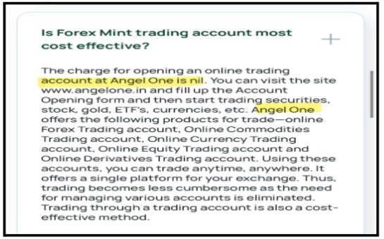 Web page screenshot snippet showing a Forex Mint FAQ section with text instructing users to open an account on Angel One.