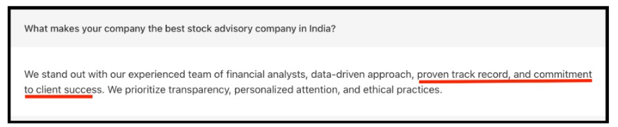 FAQ section of Wealth Trade Research website showing claims about being the best stock advisory company in India