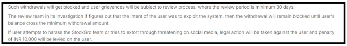 Screenshot of StockGro's Terms and Conditions showing a 30-day minimum withdrawal review period and a ₹10,000 penalty clause for user complaints on social media