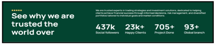 Website section snippet displaying unverified metrics including 25k+ active clients and 469k social media followers.