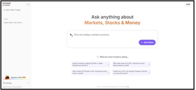 Stoxo by StockGro chat interface showing the prompt "Ask anything about Markets, Stocks & Money" with sample questions and a visible SEBI RA registration number INH000018300