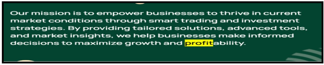Green banner snippet highlighting text about smart trading solutions and business growth and profit.