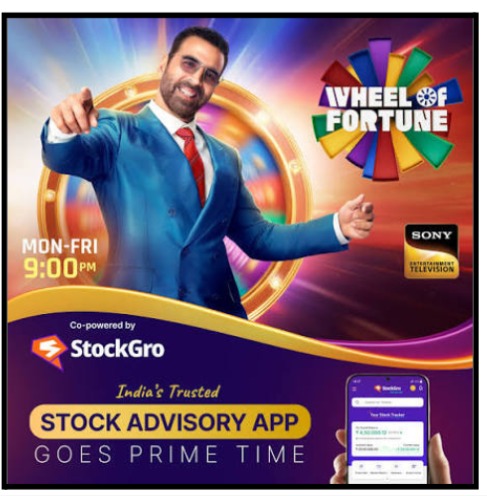 Promotional graphic showing StockGro as co-powered sponsor of Wheel of Fortune India on Sony Entertainment Television