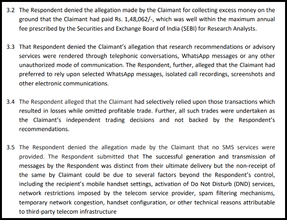 Paragraphs 3.2 through 3.5 containing the respondent's response to the claimant's allegations