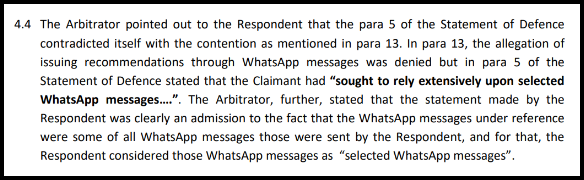 Paragraph 4.4 recording the arbitrator's observation on inconsistent statements