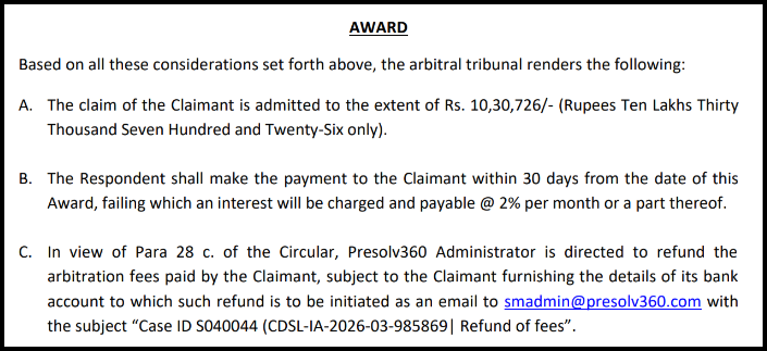The final award section stating the amount granted and repayment terms