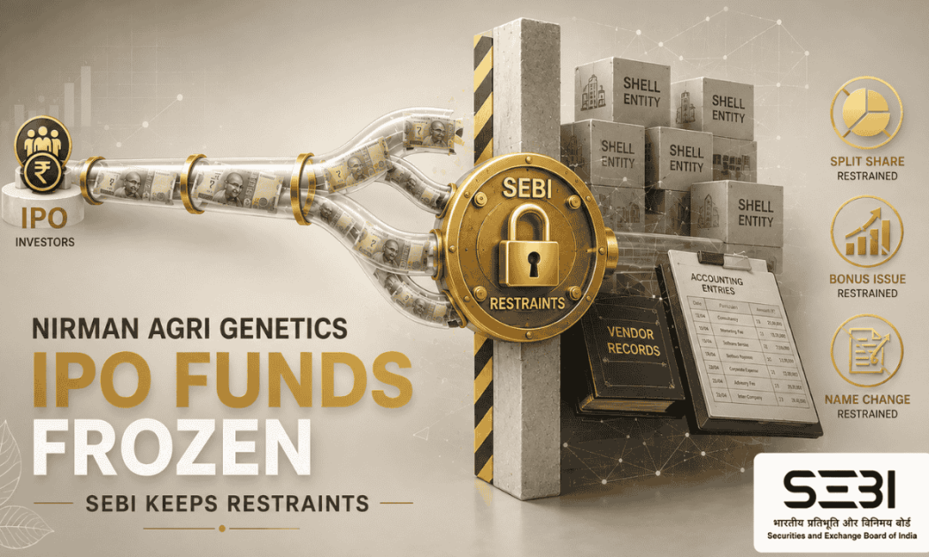 Graphic illustrating the SEBI order on Nirman Agri Genetics, featuring a locked padlock over stock market charts with text reading "IPO Funds Frozen".