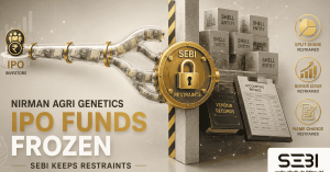 Graphic illustrating the SEBI order on Nirman Agri Genetics, featuring a locked padlock over stock market charts with text reading "IPO Funds Frozen".