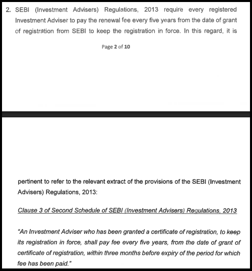 Excerpt of SEBI (Investment Advisers) Regulations 2013 showing renewal fee requirement under Clause 3 of Second Schedule