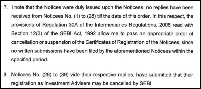 SEBI order paragraph noting no replies received from Notices 1–28 and cancellation requests from Notices 29–39
