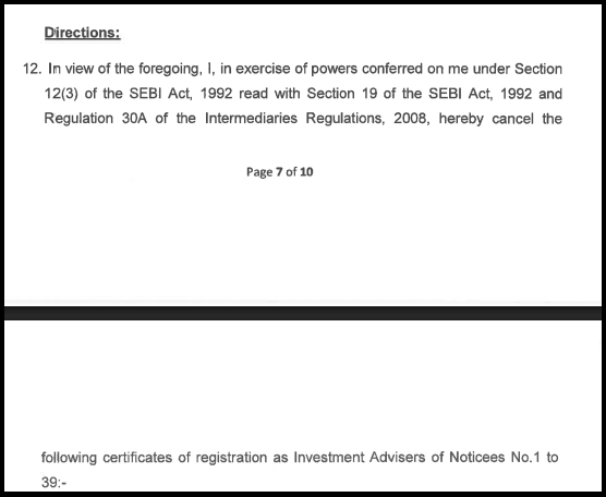 SEBI order directions section citing Section 12(3) and Section 19 of SEBI Act 1992 for cancelling certificates of registration