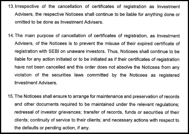 SEBI order clauses 13–15 outlining continuing liability and investor protection duties after registration cancellation
