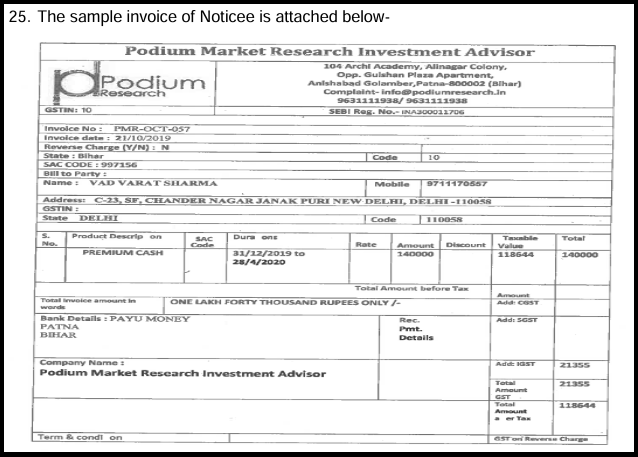 Sample tax invoice from Podium Market Research Investment Advisor showing premium cash product, amount, and GST details