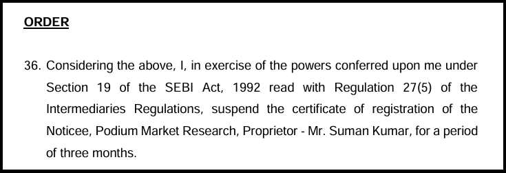 SEBI final order paragraph 36 suspending Podium Market Research's IA certificate of registration for three months