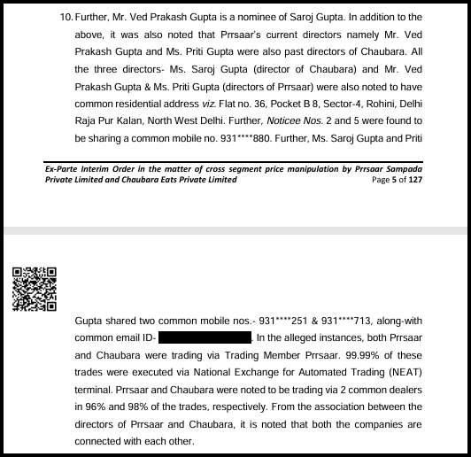 Paragraph of text describing shared directors, a common residential address, and common mobile numbers between the two companies' directors.