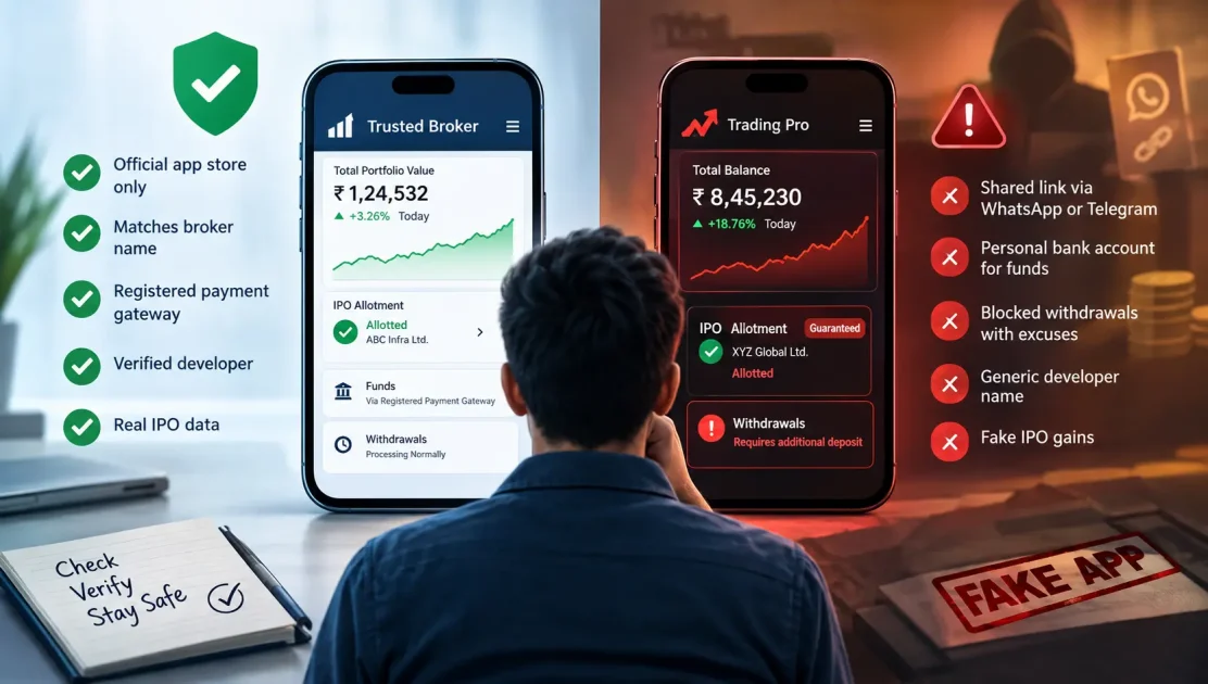 Genuine trading app vs fake clone app showing warning signs such as blocked withdrawals, personal bank accounts and fake IPO gains