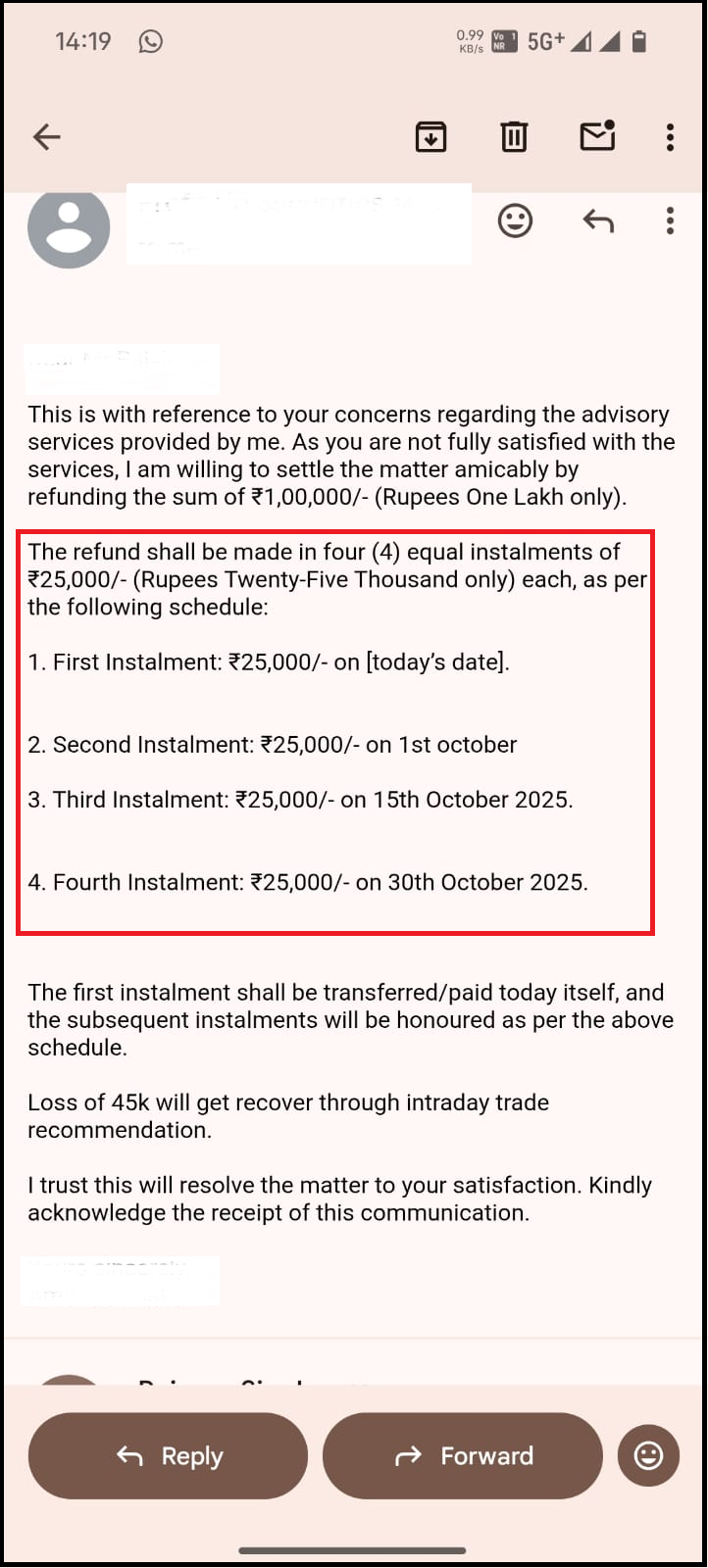 Settlement agreement letter detailing ₹1,00,000 refund schedule in four installments for Capital Life Research
